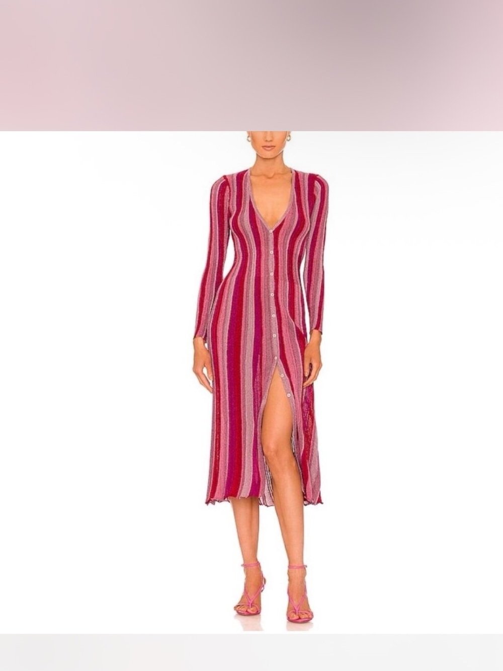 Misa Los Angeles Striped V-Neck Button-Front Midi Dress in Fuchsia and Pink